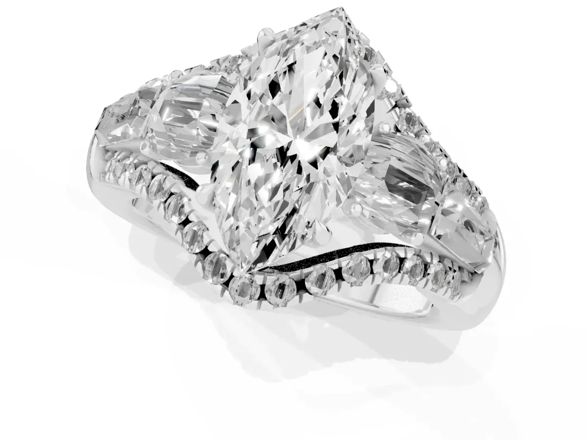 Three-Stone Marquise Cut Diamond Engagement Ring with Pave Band and Prong Setting Silver