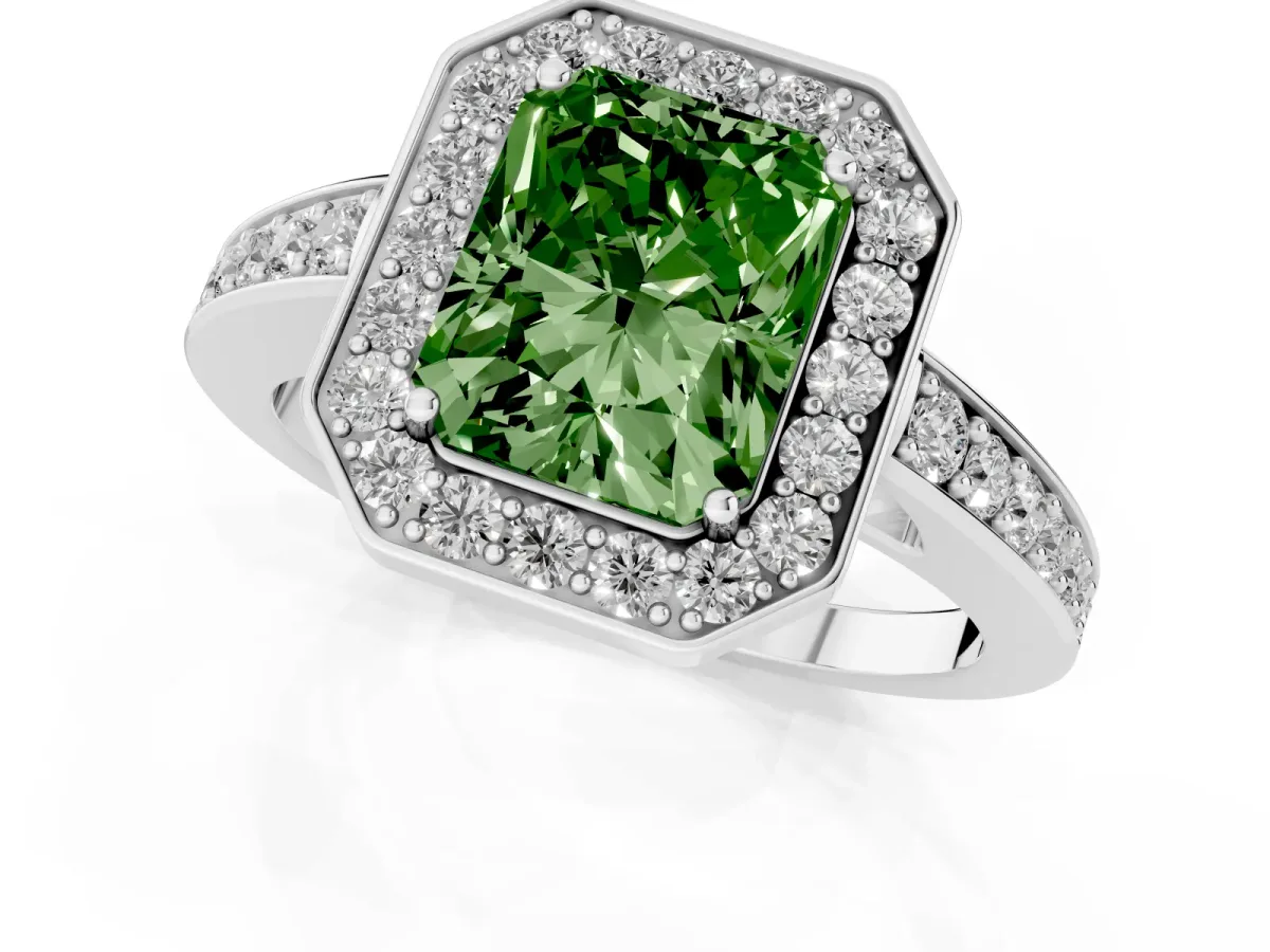 Fancy Green Radiant Cut Halo Pavé Diamond Engagement Ring with Bezel Setting White gold