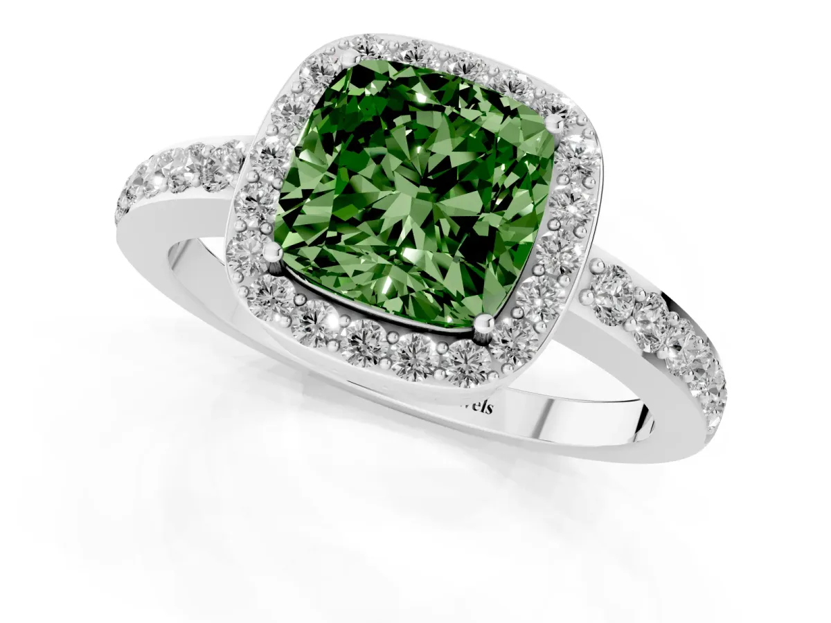 Fancy Green Cushion Cut Halo Diamond Pavé Band Ring with Prong Setting Silver