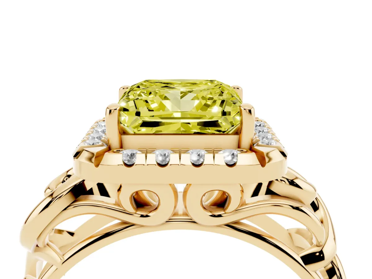 Fancy Yellow Princess Cut Cut Halo Diamond Ring with Scrollwork Band and Four-Prong Setting Yellow gold