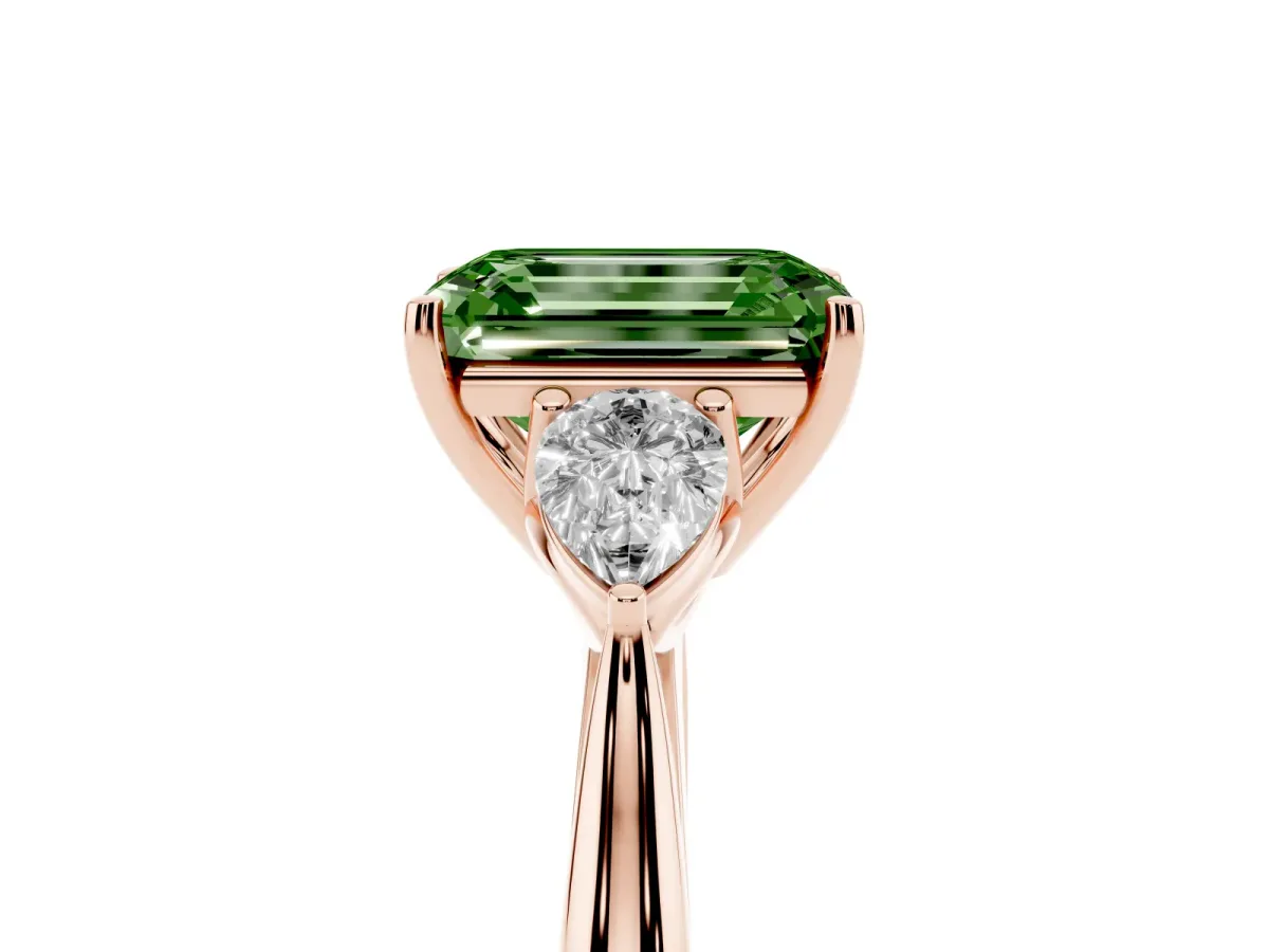 Fancy Green Emerald Cut Diamond Three-Stone Ring with Pear Side Stones and Prong Setting Rose gold
