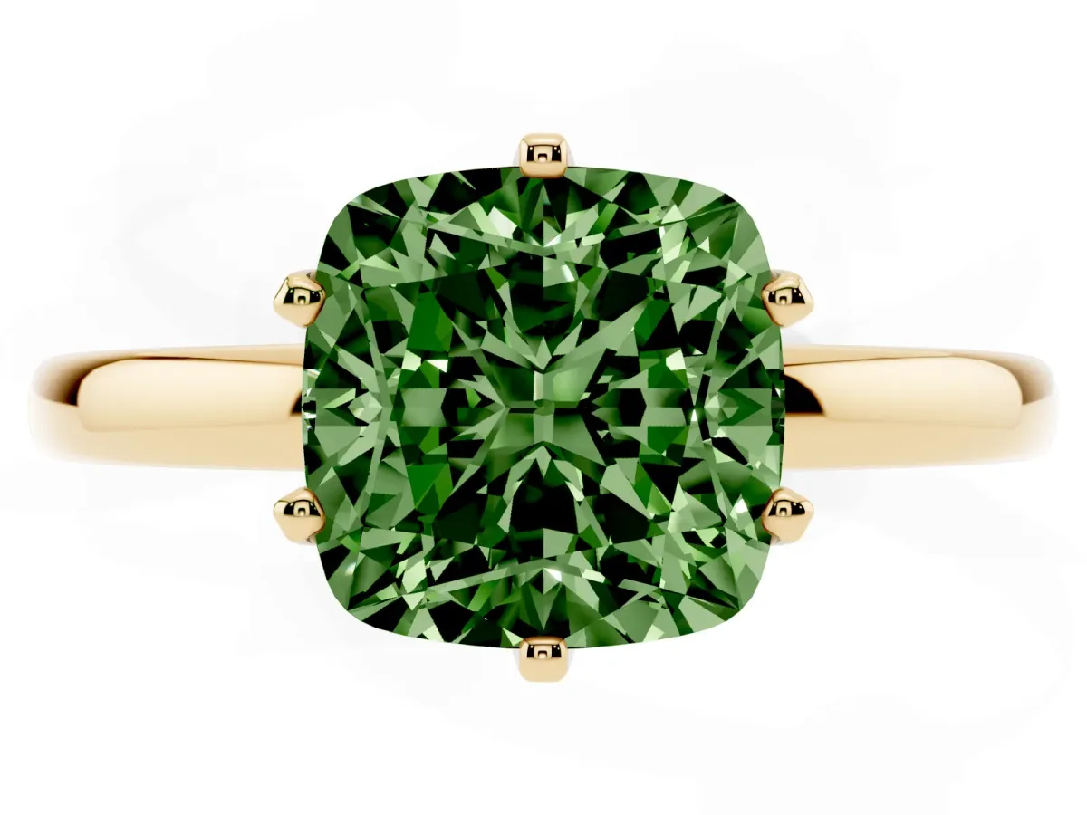 Fancy Green Cushion Cut Solitaire Diamond Ring with Six-Prong Setting on a Classic Band Yellow gold