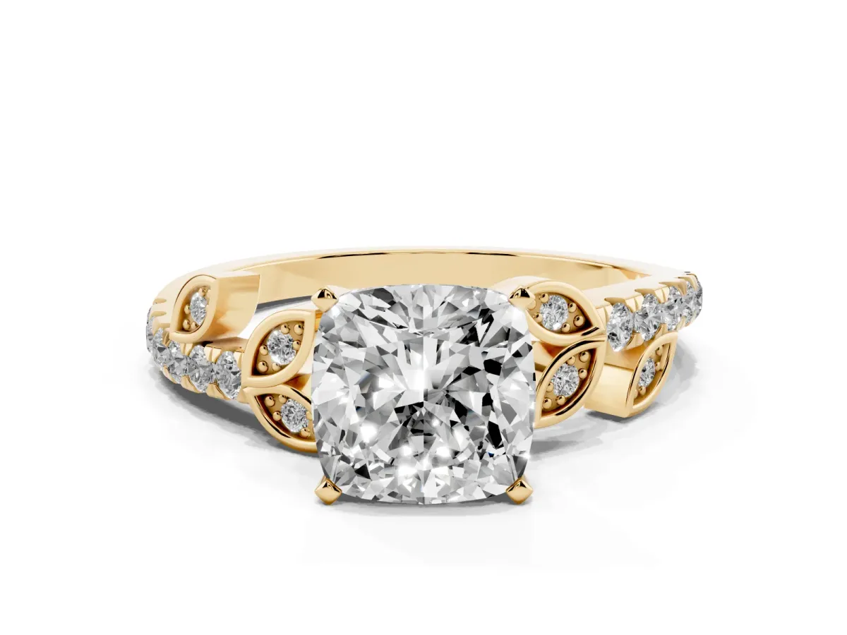 Cushion Cut Solitaire Leaf-Inspired Diamond Ring with Pavé Band and Four-Prong Setting Yellow gold