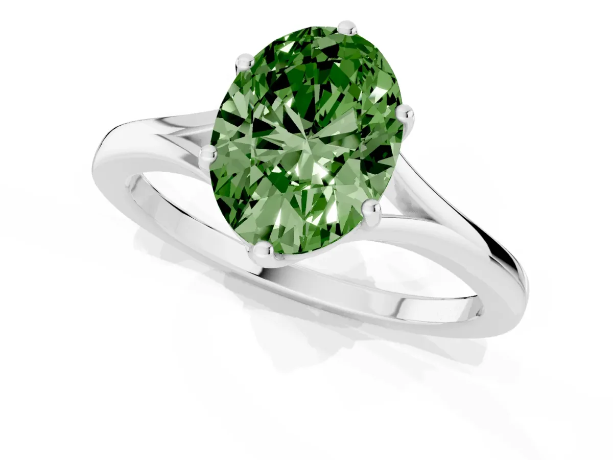 Fancy Green Oval Cut Solitaire Diamond Ring with Six-Prong Setting and Tapered Band Silver