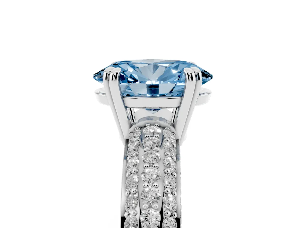 Fancy Blue Oval Cut Diamond Solitaire Ring with Multi-Row Round Pavé Band and Prong Setting Silver