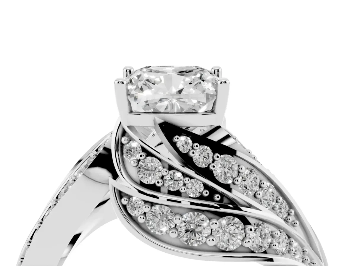 Cushion Cut Diamond Solitaire Ring with Prong Setting and Twisted Pavé Band Silver