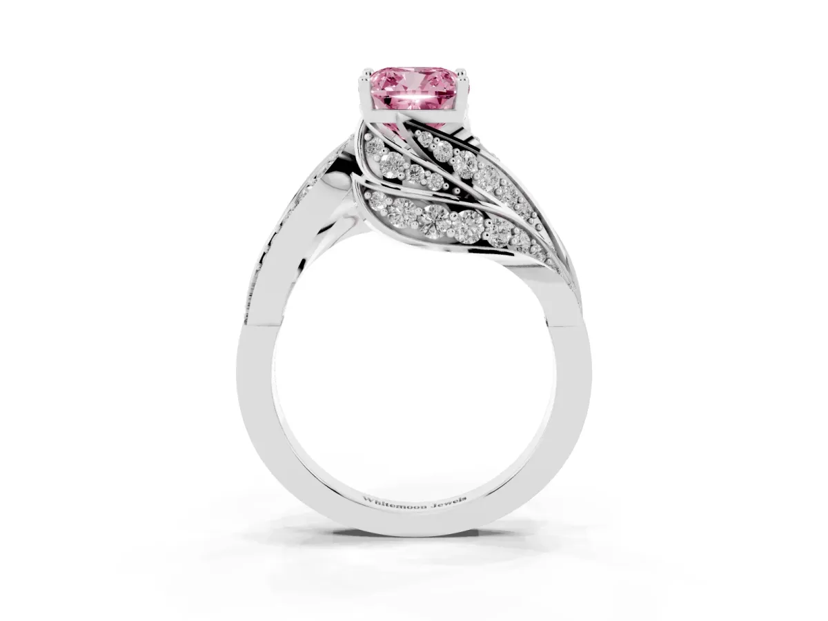 Fancy Pink Cushion Cut Diamond Solitaire Ring with Prong Setting and Twisted Pavé Band Silver