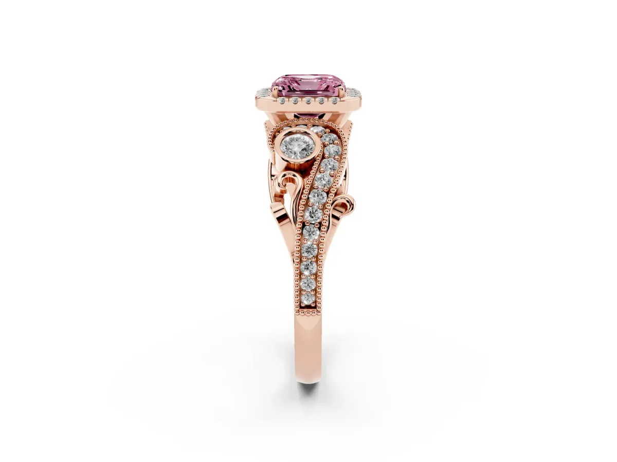Fancy Pink Asscher Cut Diamond Halo Ring with Milgrain Pavé Band and Four-Prong Setting Rose gold