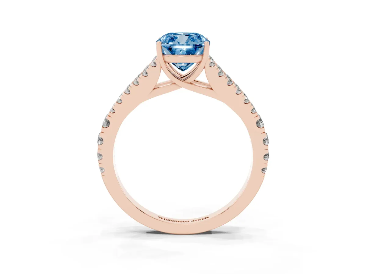 Fancy Blue Cushion Cut Diamond Split Shank Engagement Ring with Round Pavé and Prong Setting Rose gold