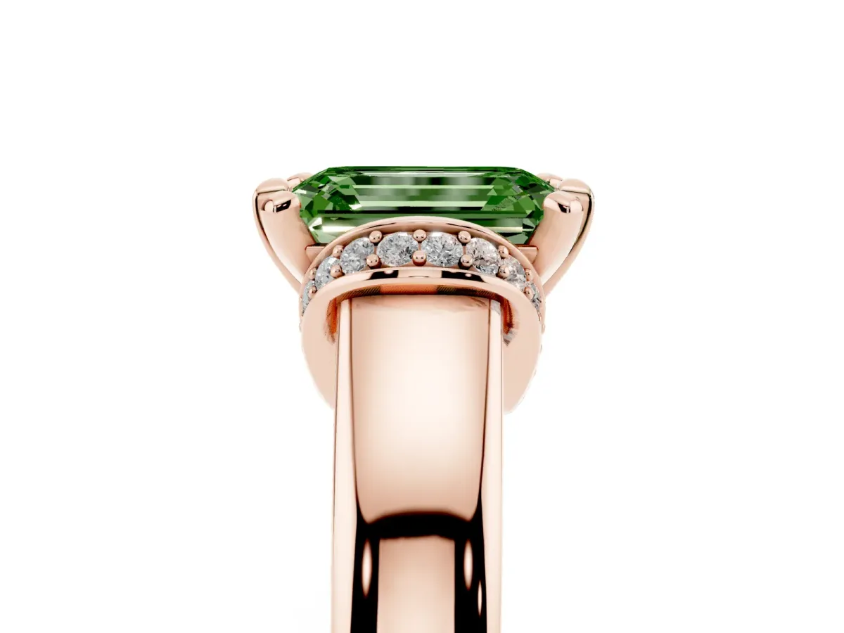 Fancy Green Emerald Cut Solitaire Diamond Ring with Pave Band and Six-Prong Setting Rose gold