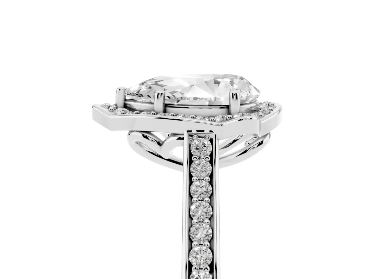 Pear Cut Halo Round Diamond Pave Band with Four-Prong Setting Silver