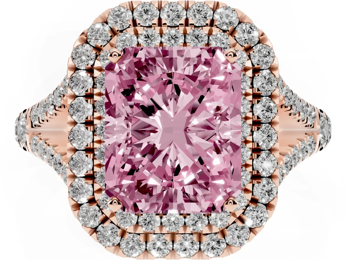 Fancy Pink Double Halo Radiant Cut Diamond Split Shank Engagement Ring with Four-Prong Setting Rose gold
