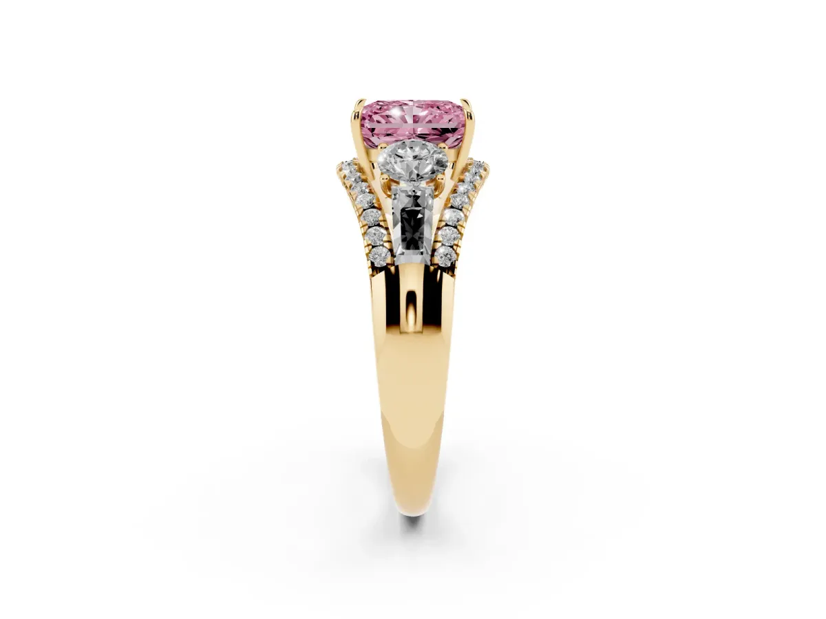 Fancy Pink Three-Stone Radiant Cut Diamond Engagement Ring with Pave Band and Prong Setting Yellow gold