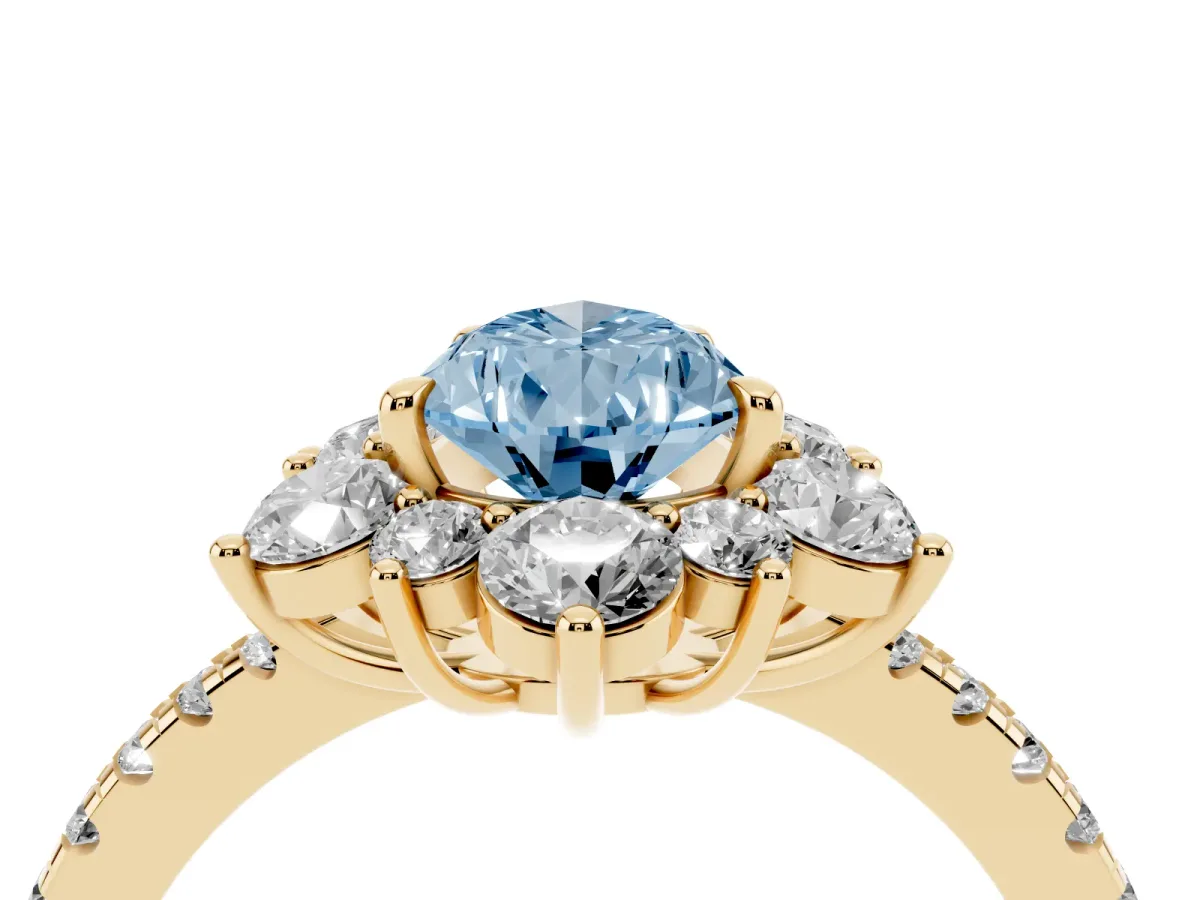 Fancy Blue Pear Cut Diamond Floral Halo Ring with Round Pavé Band and Prong Setting Yellow gold
