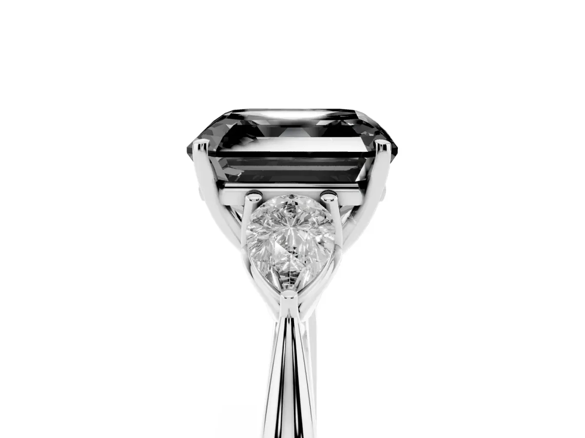 Fancy Black Three-Stone Asscher Cut Brilliant Diamond Solitaire Ring with Tapered Band and Four-Prong Setting White gold