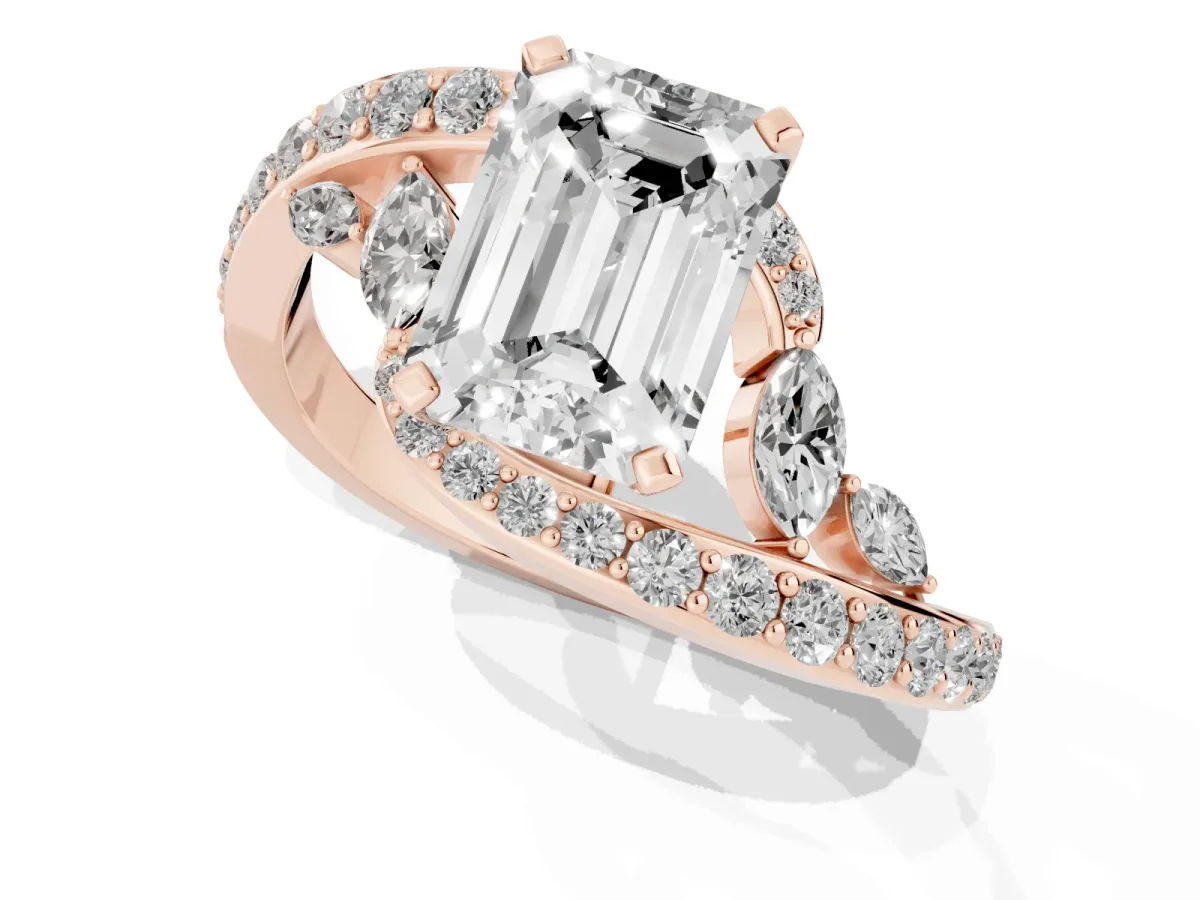 Emerald Cut Solitaire with Pavé Twist Band and Four-Prong Setting Rose gold