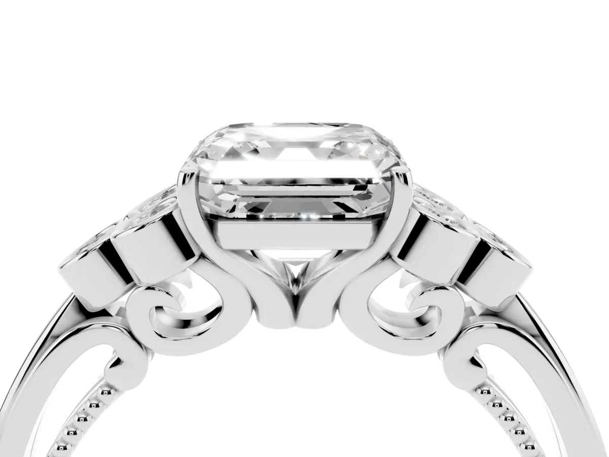 Asscher Cut Cut Diamond Engagement Ring with Bezel Set Round Side Stones and Prong Setting Silver