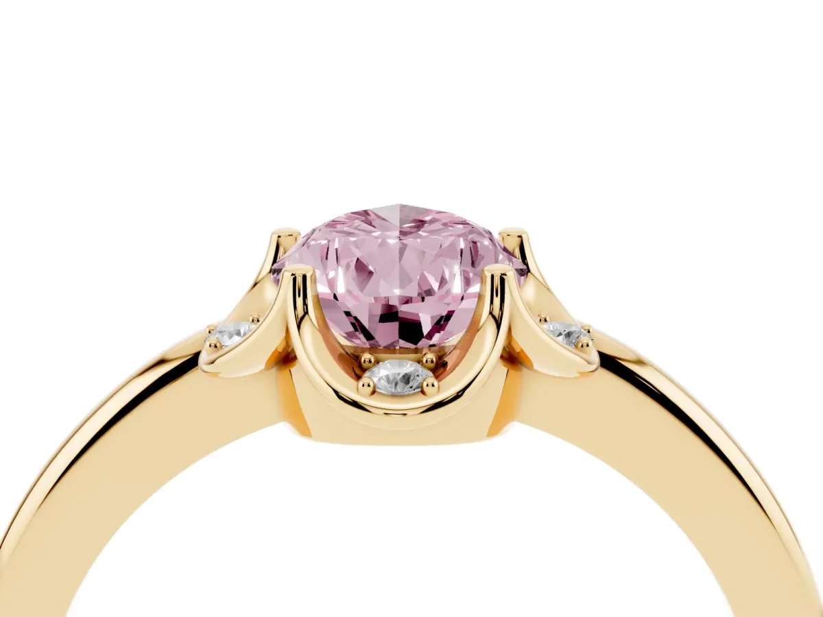 Fancy Pink Pear Cut Halo Diamond Ring with Round Cluster Setting, Solitaire Band, and Four-Prong Setting Yellow gold