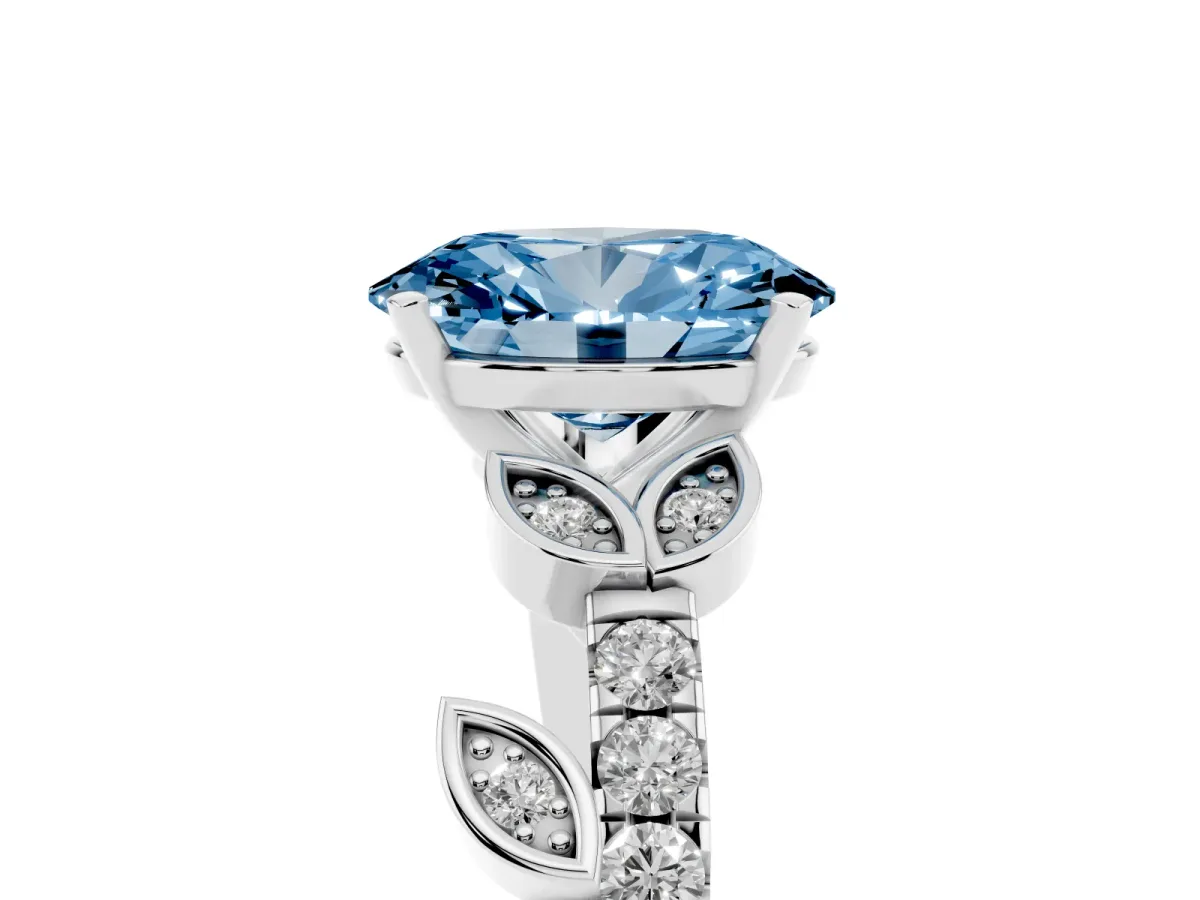 Fancy Blue Oval Cut Solitaire Leaf-Inspired Diamond Ring with Pavé Band and Four-Prong Setting Silver