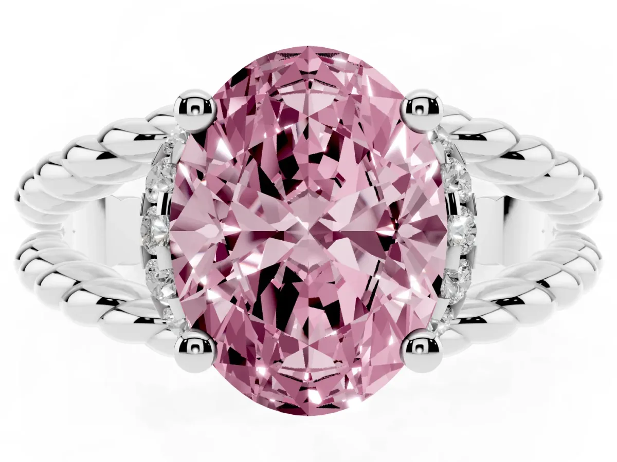 Fancy Pink Oval Cut Halo Twisted Band Four-Prong Ring Silver