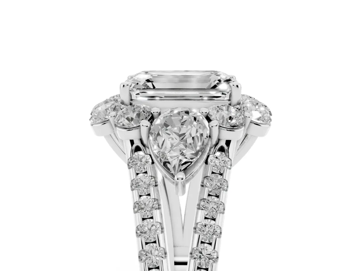 Emerald Cut Halo Split Shank Diamond Engagement Ring with Prong Setting Silver