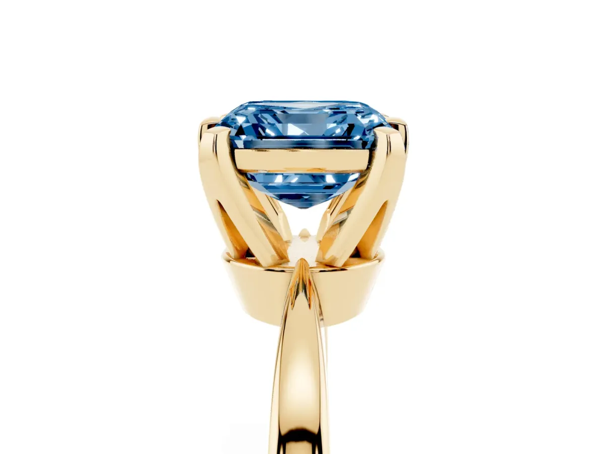 Fancy Blue Asscher Cut Solitaire Engagement Ring with Six-Prong Setting and Tapered Band Yellow gold