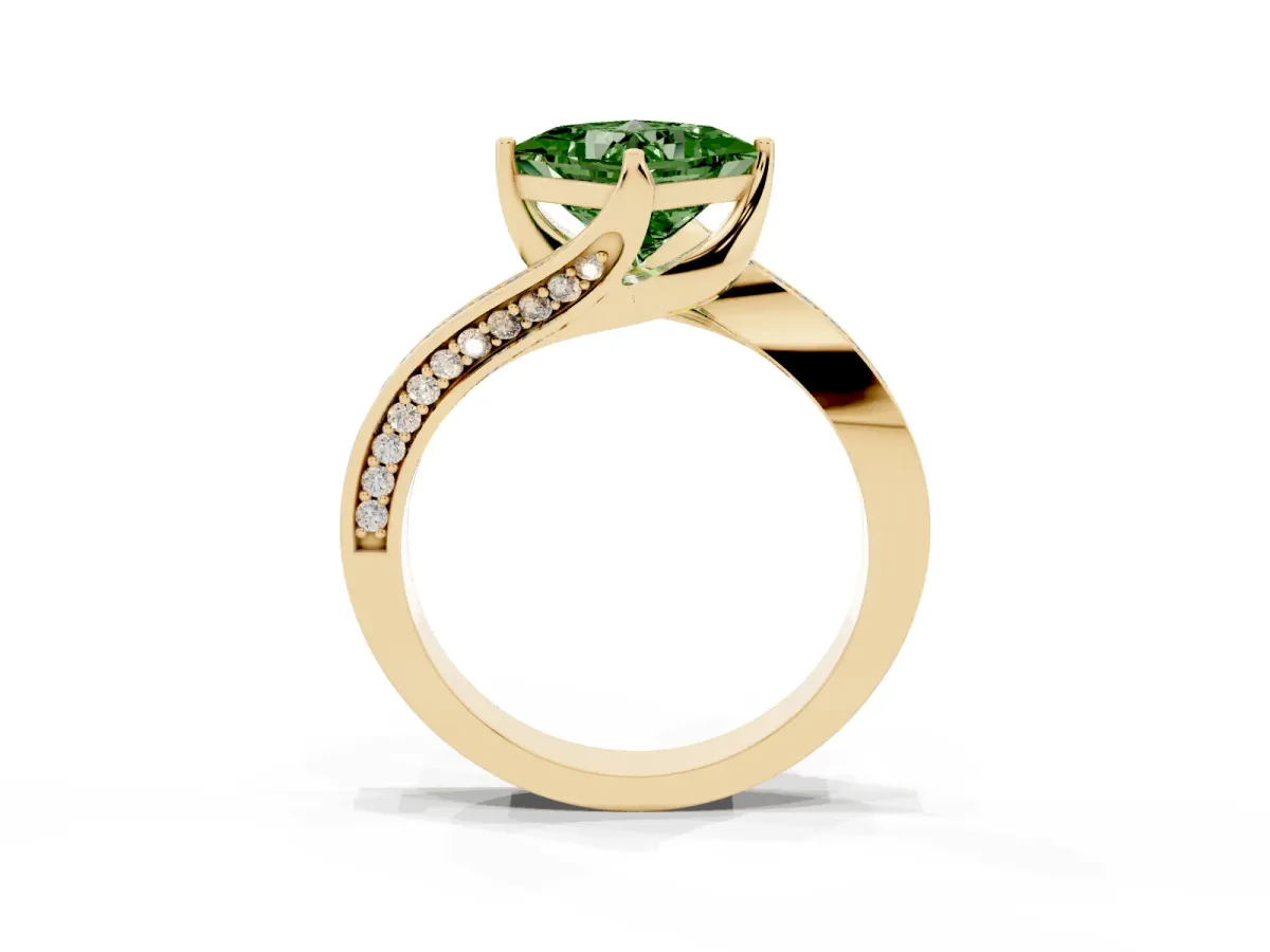 Fancy Green Princess Cut Solitaire Diamond Twist Band with Pavé Setting and Four-Prong Setting Yellow gold