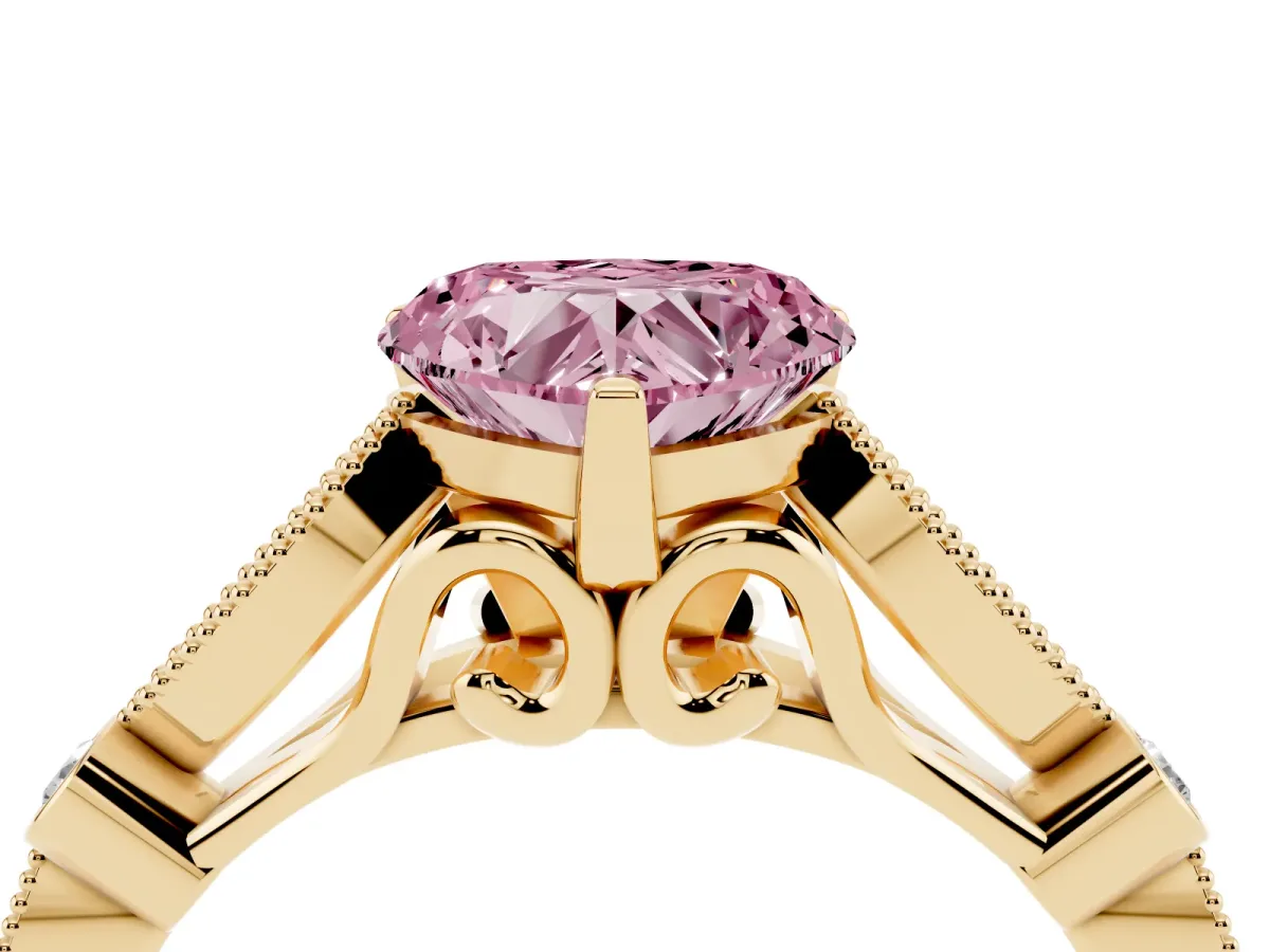 Fancy Pink Heart Cut Cut Diamond with Milgrain Marquise and Bezel Accents on a Solitaire Band with Prong Setting Yellow gold