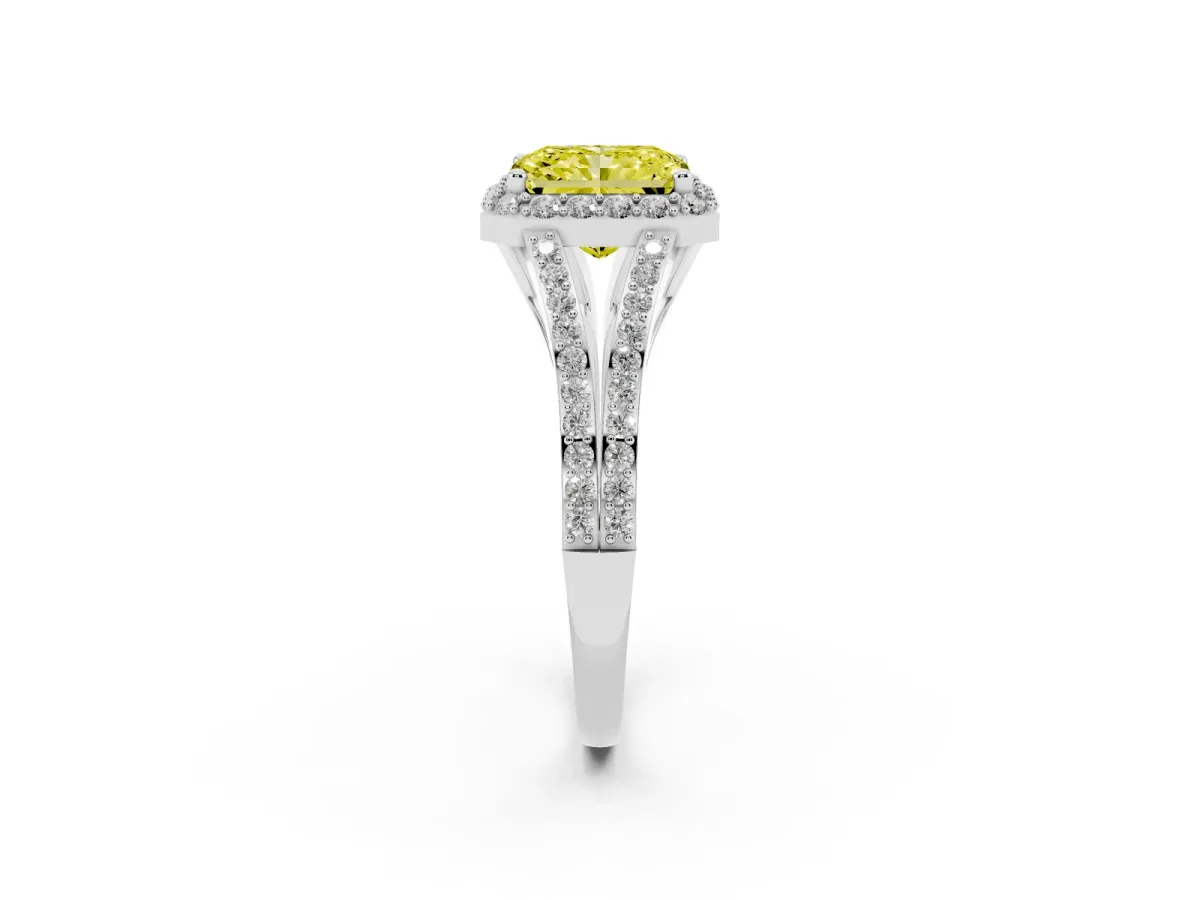 Fancy Yellow Radiant Cut Halo Split Shank Pave Diamond Ring with Four-Prong Setting Platinum
