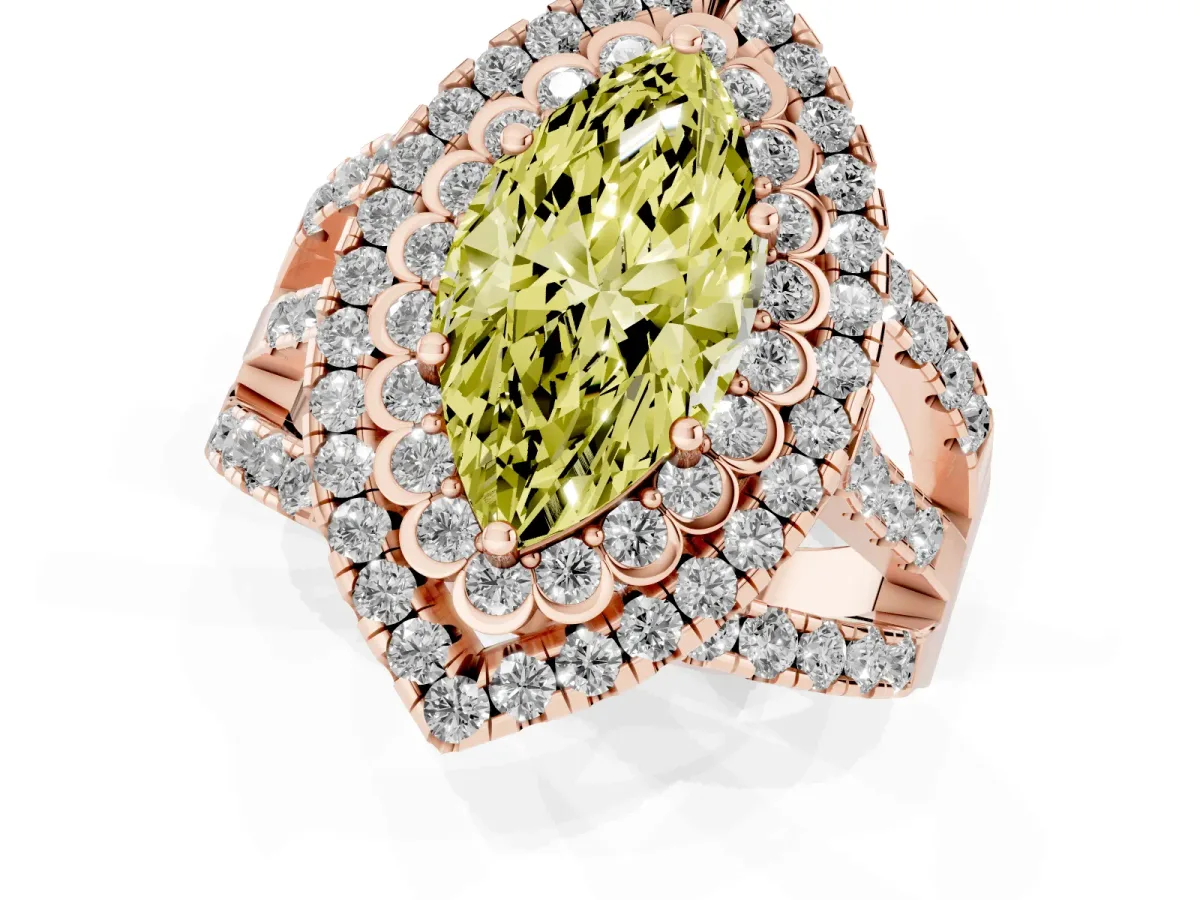 Fancy Yellow Marquise Cut Diamond Double Halo Ring with Round Pavé Split Shank and Prong Setting Rose gold
