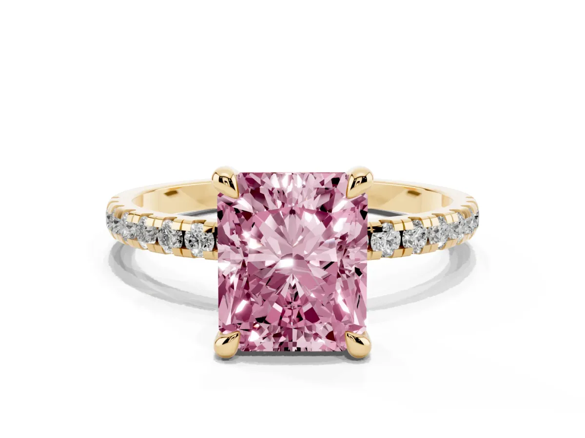 Fancy Pink Radiant Cut Diamond Brilliant Solitaire Ring with Pavé Band and Four-Prong Setting Yellow gold