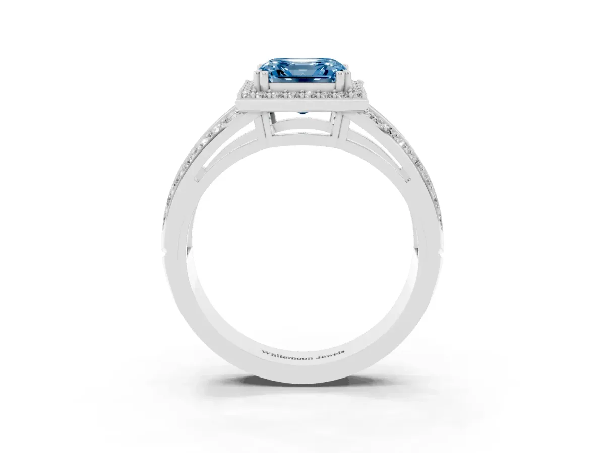 Fancy Blue Asscher Cut Diamond Halo Ring with Split Shank Pavé Band and Four-Prong Setting Silver