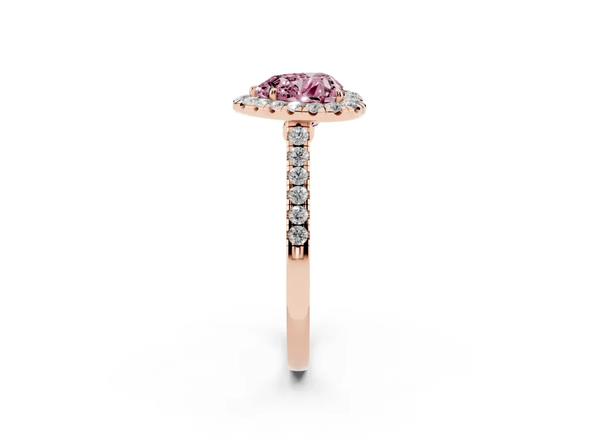 Fancy Pink Heart Cut Halo Pave Diamond Engagement Ring with Four-Prong Setting Rose gold