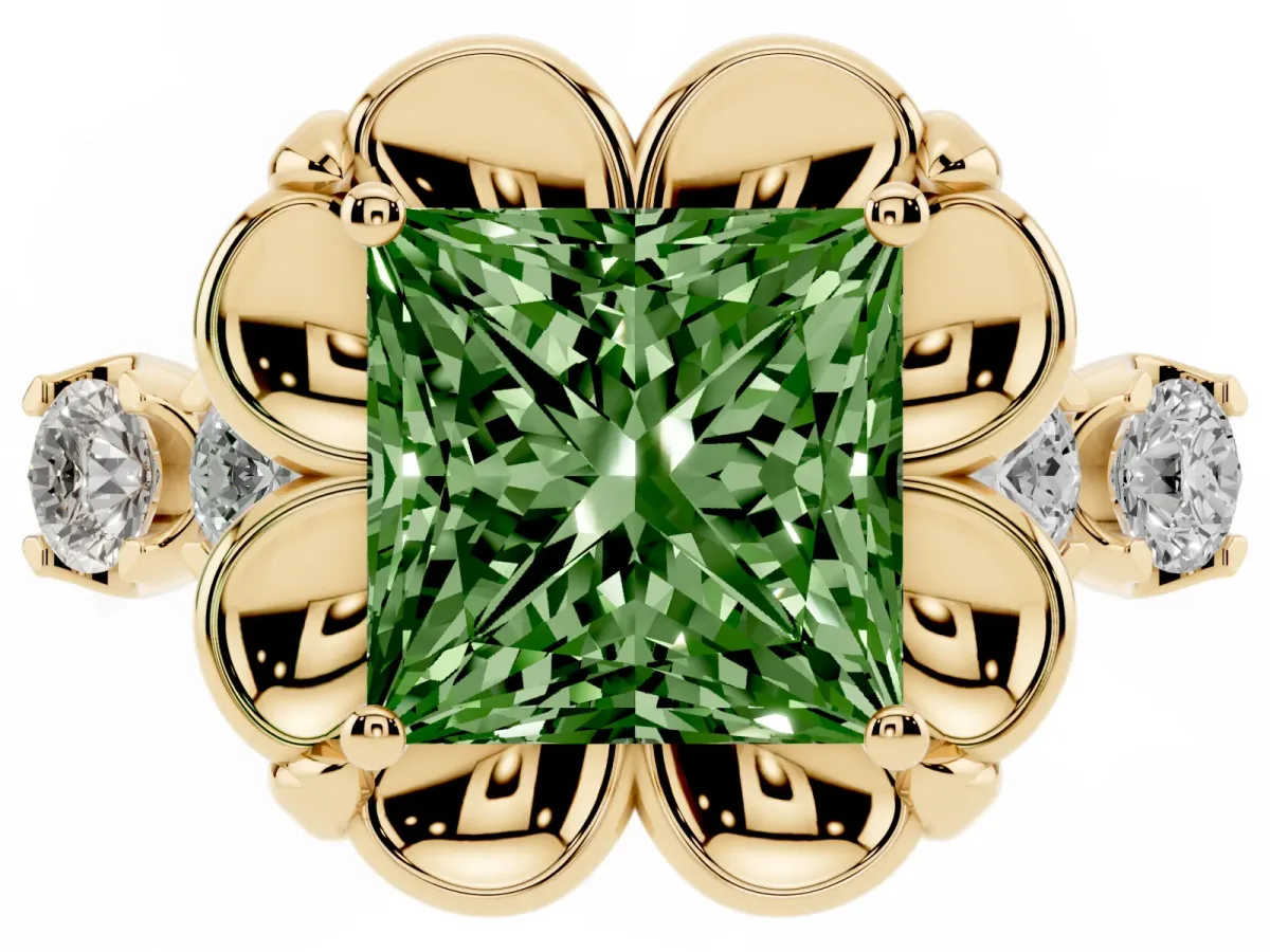 Fancy Green Princess Cut Cut Diamond Floral Halo Engagement Ring with Shared Prong Setting Yellow gold