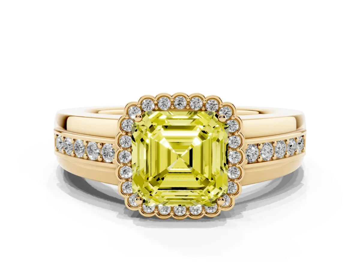 Fancy Yellow Asscher Cut Cut Halo Pave Band Four-Prong Ring Yellow gold