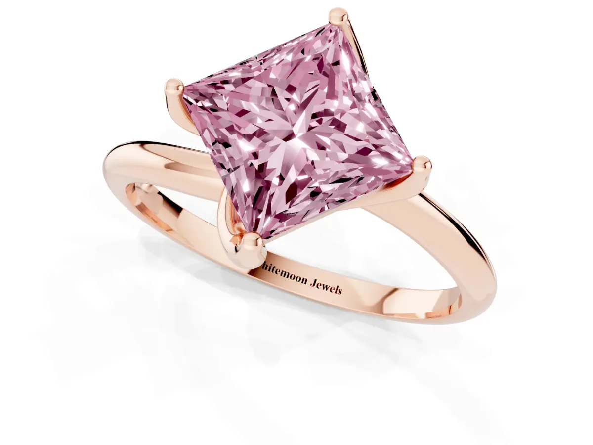 Fancy Pink Princess Cut Diamond Solitaire Engagement Ring with Four-Prong Setting and Classic Band Rose gold