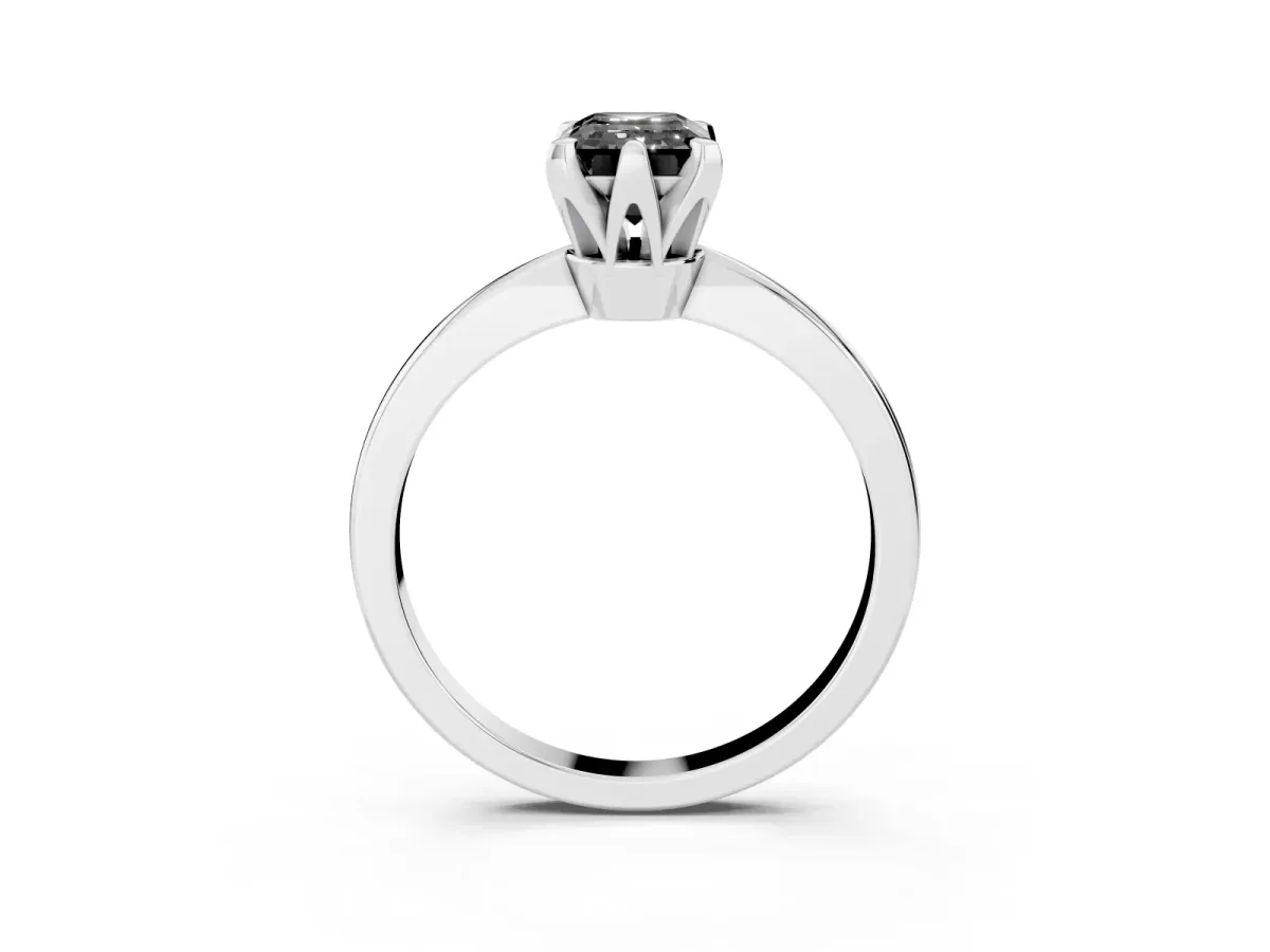 Fancy Black Emerald Cut Solitaire Engagement Ring with Six-Prong Setting and Tapered Band Silver