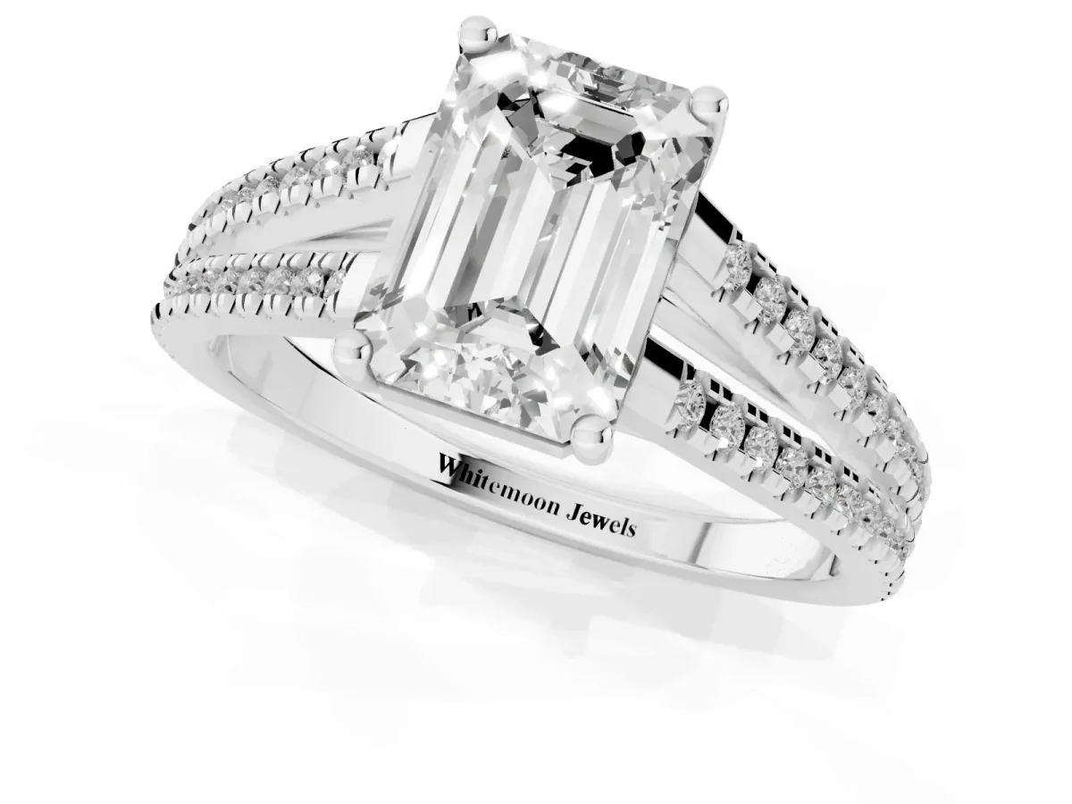 Emerald Cut Diamond Solitaire Engagement Ring with Split Shank Pavé Band Platinum