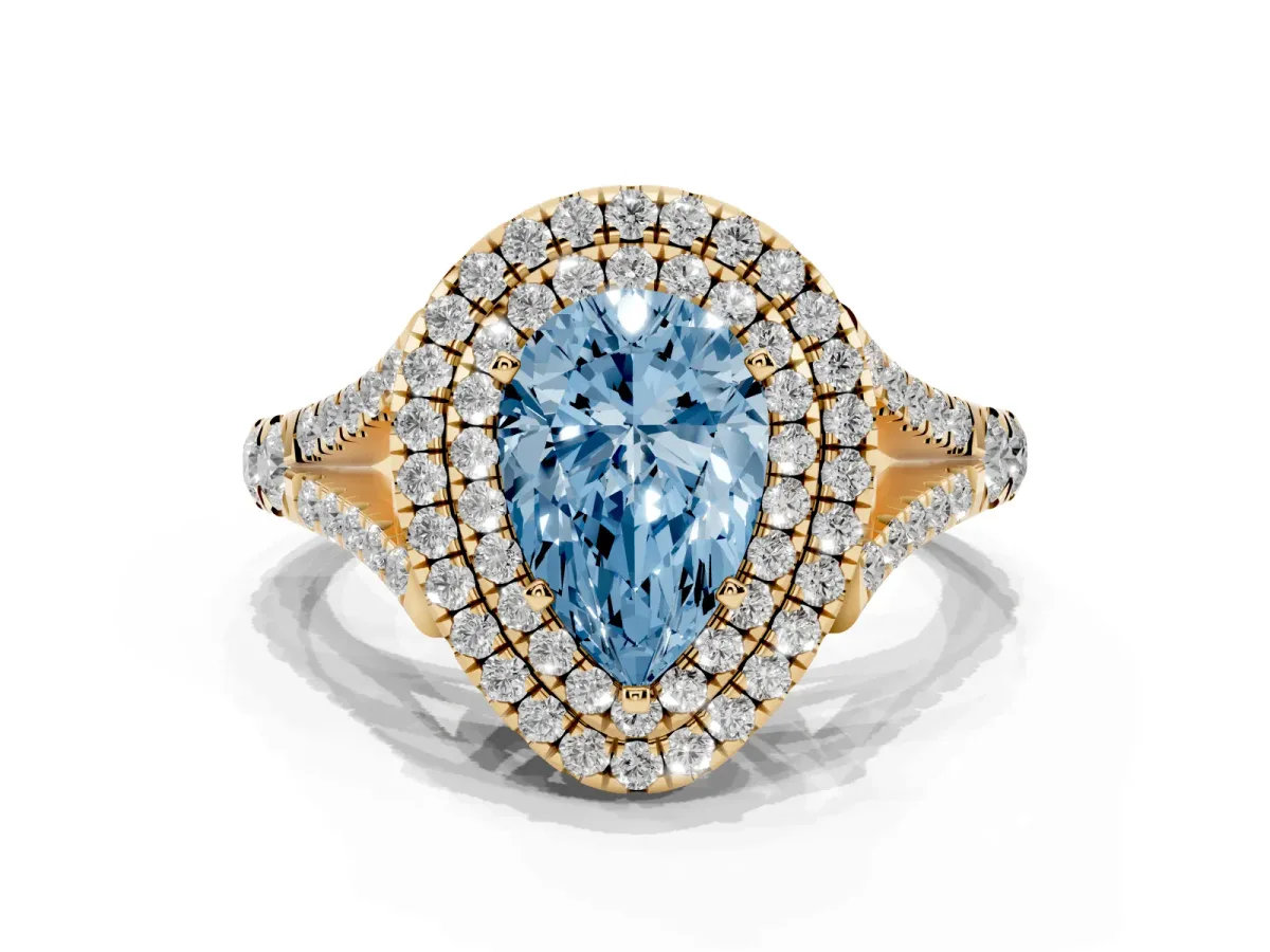 Fancy Blue Pear Cut Cut Double Halo Split Shank Diamond Ring with Prong Setting Yellow gold
