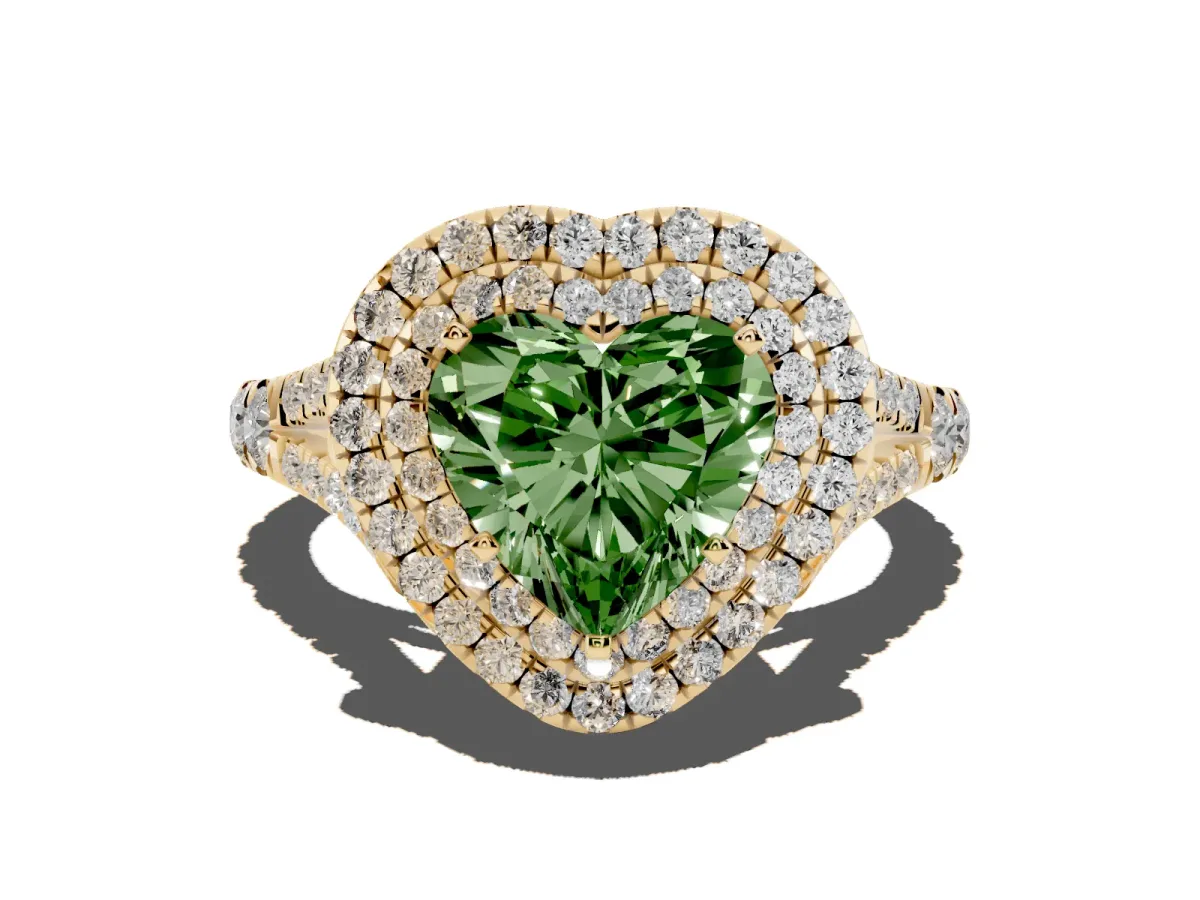 Fancy Green Heart Cut Cut Double Halo Split Shank Diamond Ring with Prong Setting Yellow gold