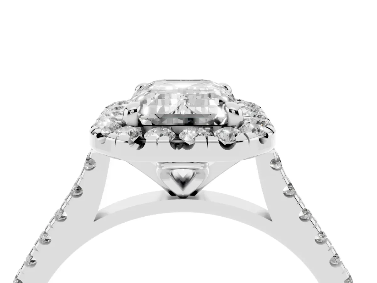 Emerald Cut Diamond Cushion Halo Ring with Pavé Band Silver
