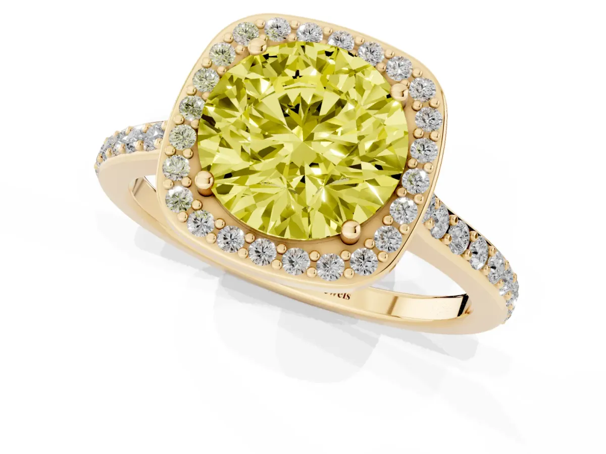 Fancy Yellow Round Cut Diamond Halo Engagement Ring with Round Pavé Shoulders and Prong Setting Yellow gold