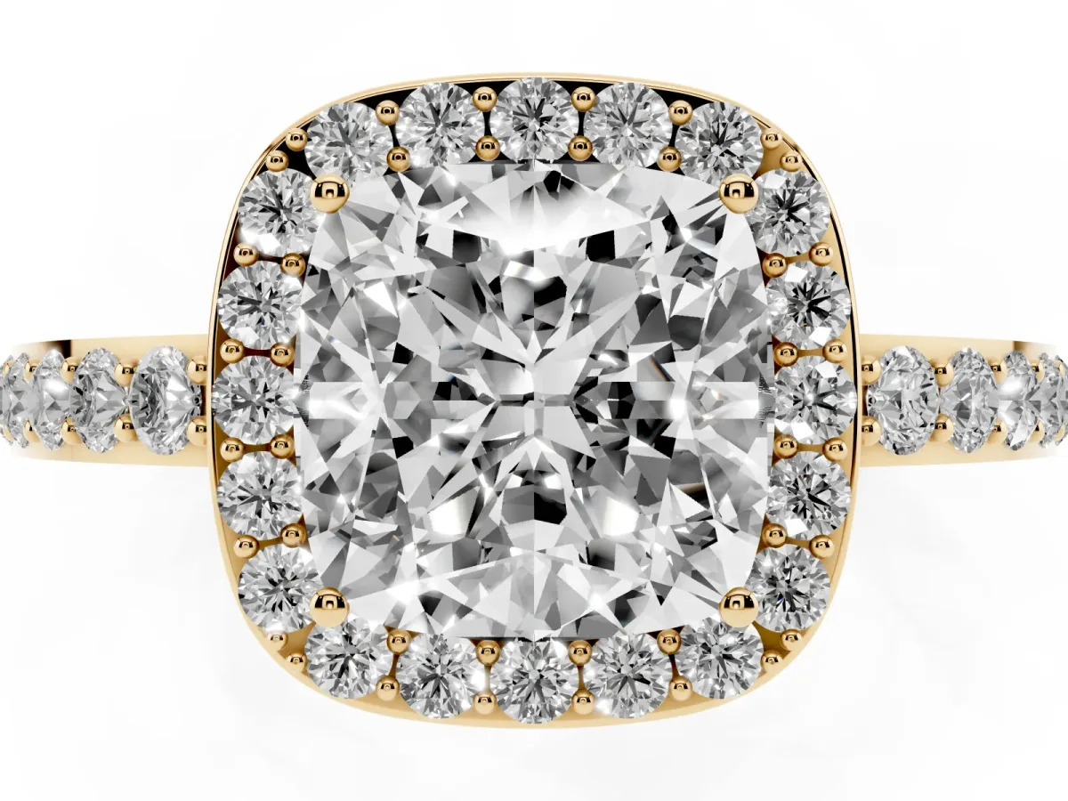 Cushion Cut Halo Diamond Pavé Band Ring with Prong Setting Yellow gold