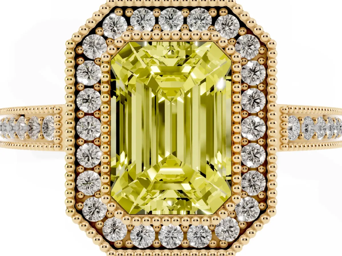 Fancy Yellow Emerald Cut Cut Halo Diamond Ring with Pavé Band and Milgrain Prong Setting Yellow gold