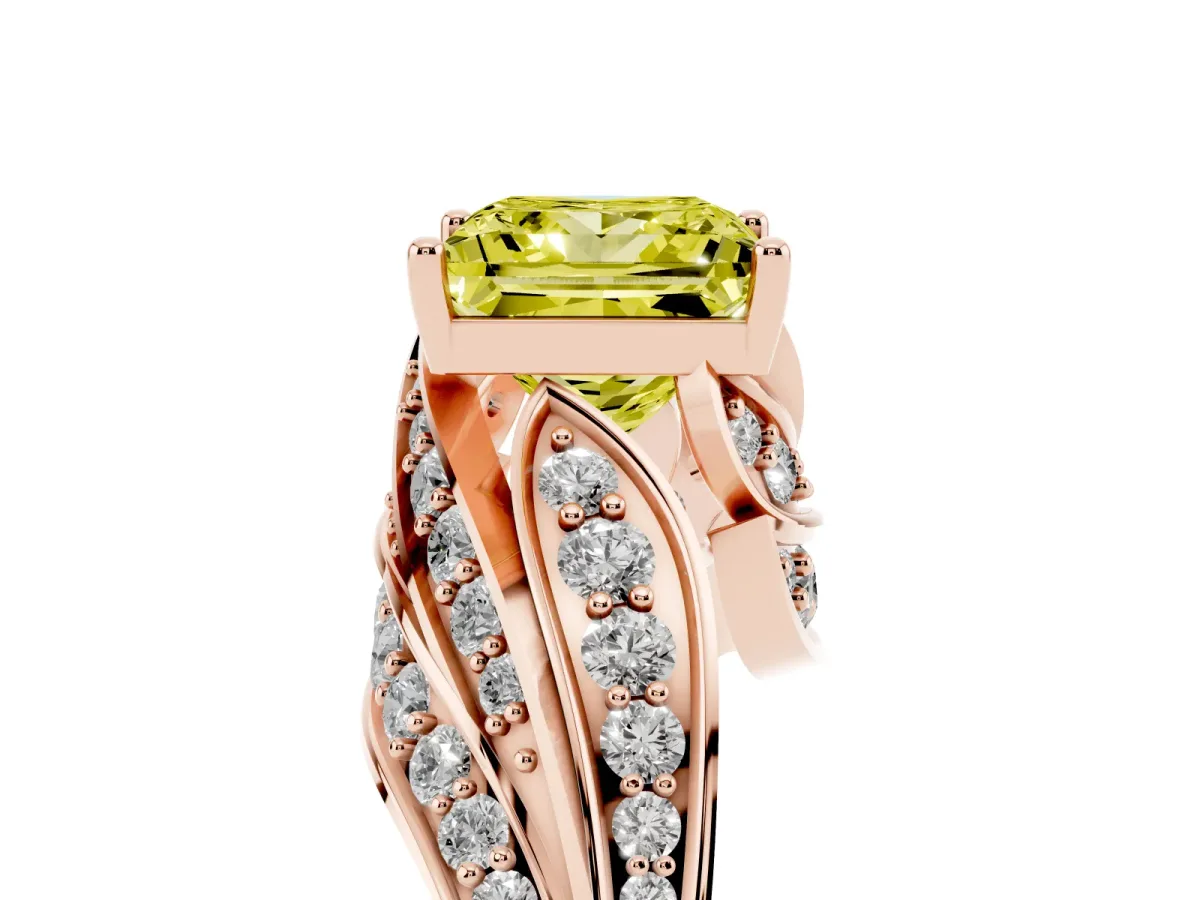 Fancy Yellow Princess Cut Diamond Solitaire Ring with Prong Setting and Twisted Pavé Band Rose gold