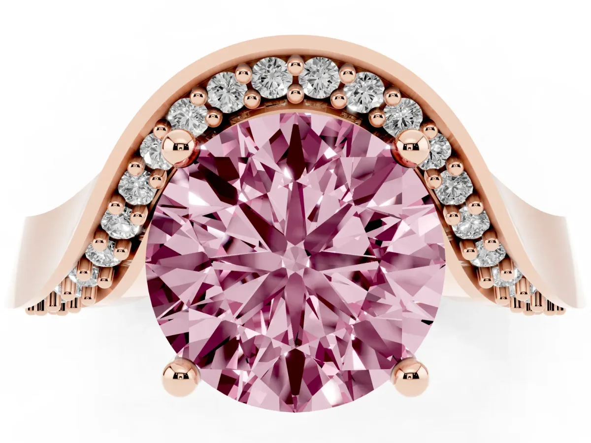 Fancy Pink Round Cut Solitaire Diamond Engagement Ring with Pave Band and Four-Prong Setting Rose gold
