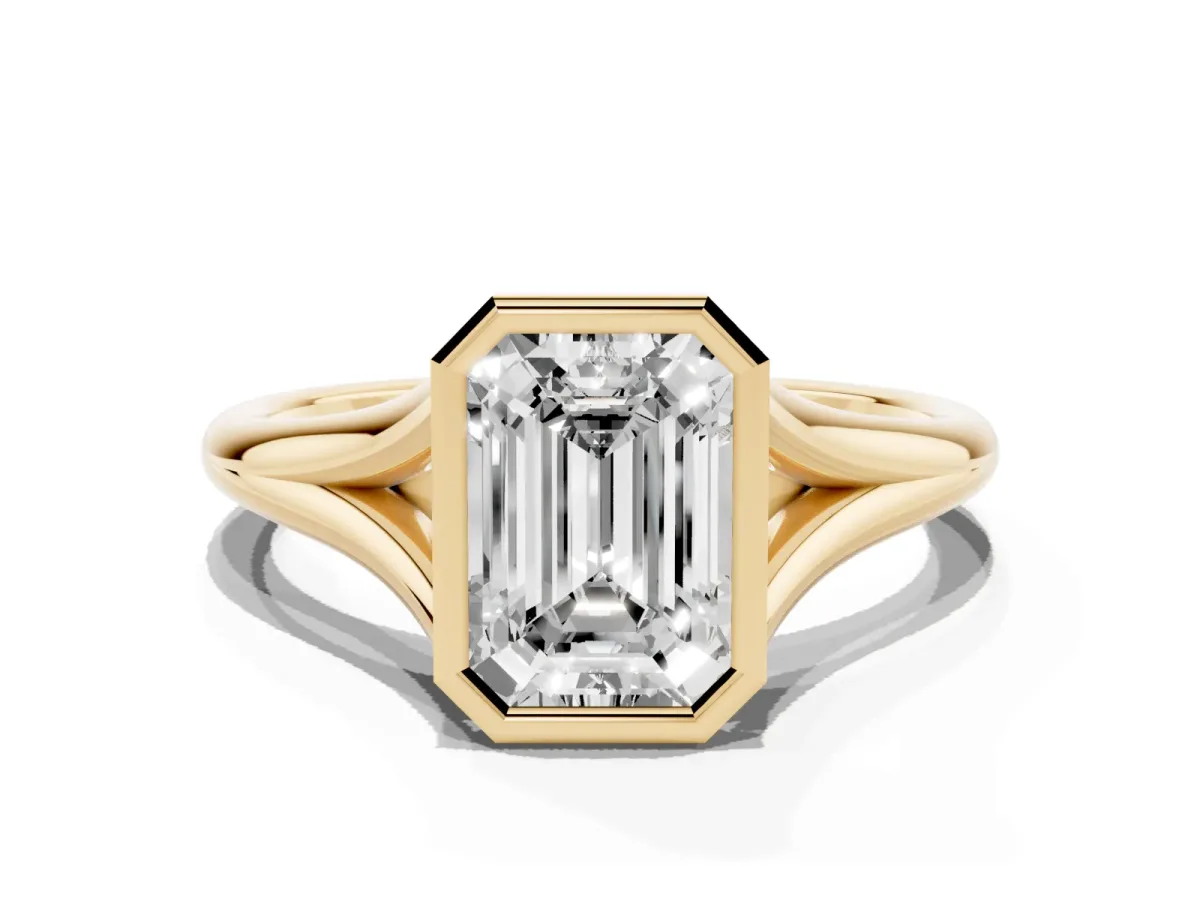 Bezel Set Emerald Cut Cut Solitaire Ring with Tapered Band Yellow gold