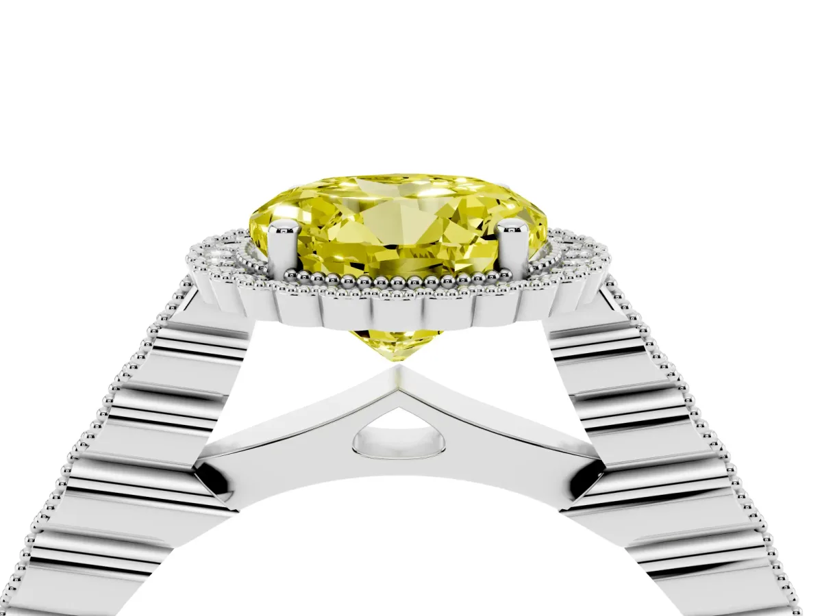 Fancy Yellow Round Cut Cut Halo Pavé Solitaire Ring with Milgrain Band White gold