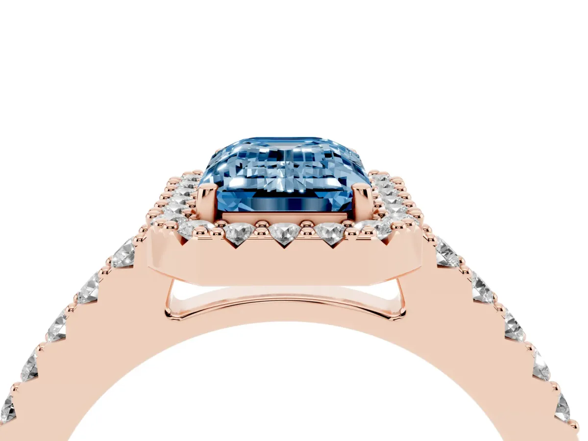 Fancy Blue Emerald Cut Halo Diamond Pavé Solitaire Ring Rose gold