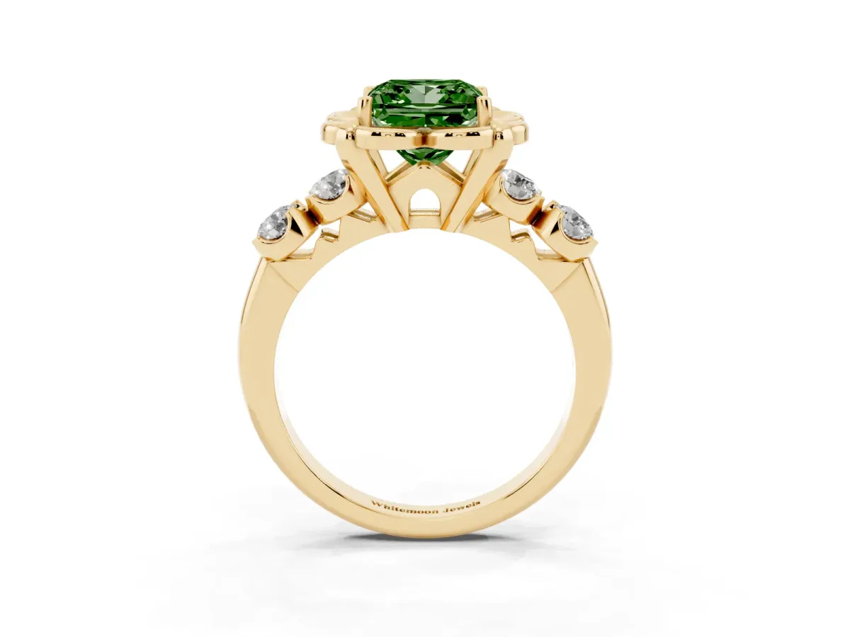 Fancy Green Princess Cut Cut Diamond Floral Halo Engagement Ring with Shared Prong Setting Yellow gold